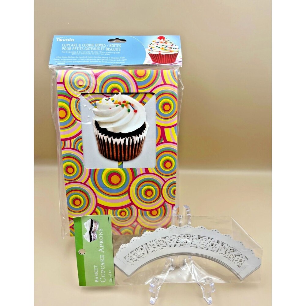 6 NEW Multicolor Tovolo Cupcake & Cookie Treat Boxes + 12 White Cupcake Aprons